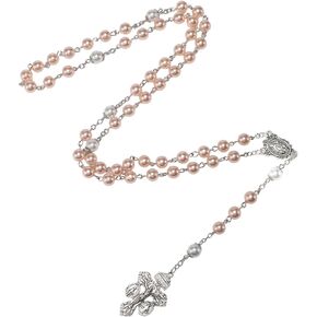 Catholic Pink Pearl Beads Rosary Necklace for Women,Rosaries Catholic Pardon Crucifix La Cruz Del Perdon Catolica,Crucifijo Del Perdon Rosarios Catolicos Para Mujer,Baptism Rosary Gift for Girls