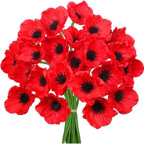 24 pcs Artificial Red Flower Stems PU Real Touch Flower Fake Flowers in Red with Black Center 11.6" Tall for Wedding Bouquets Corsages Centerpiece Floral Arrangements