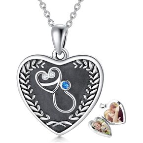 LONAGO Stethoscope Heart Locket Necklace That Hold Two Pictures Stethoscope Photo Locket Graduation Nurse Day Gift for Women