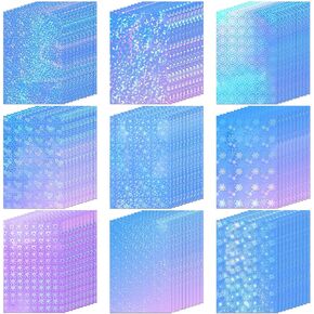 Teling 90 Sheets Holographic Sticker Paper Transparent A4 Vinyl Holographic Sticker Laminate Sheets Clear Overlay Lamination Film Paper Self Adhesive Waterproof with Gem Spot Rainbow Star Pattern