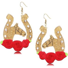 Kentucky Derby Race Horse Earrings for Women Girls Western Acrylic Horseshoe Rose Flower Drop Dangle Earrings Fashion Jewelry Gift for Horse Racing Fan