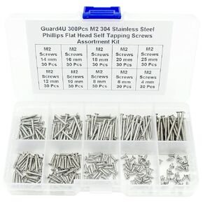Guard4U 300Pcs M2 304 Stainless Steel Phillips Countersunk/Flat Head Self-Tapping Screws Assortment Kit- Wood Screws M2 x 4mm/ 6mm/ 8mm/ 10mm/ 12mm/ 14mm/ 16mm/ 18mm/ 20mm/ 25mm