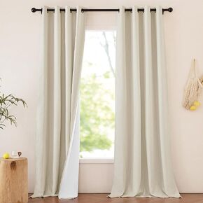 NICETOWN 100% Blackout Linen Curtains 63 inches Long, Bronze Grommet Thick Faux Linen 2 Layers with White Liner Vintage Window Treatments Voice Reducing for Bedroom, Natural, W52 x L63, 2 Panels