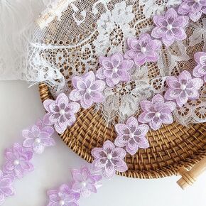 3Yards Organza Flower Lace Edge Trim Ribbon, Vintage Edging Trimmings Fabric Embroidered Applique Sewing Craft for Wedding Dress Embellishment DIY Dress Decor (Purple)