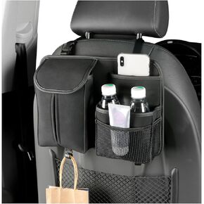 Dickno Car Back Seat Organizer, Multi-Pockets Leather Automotive Organizer with Tissue Box, Durable Hanging Front Seat Storage Box with Hooks, Universal Vehicle Travel Accessories (Black)