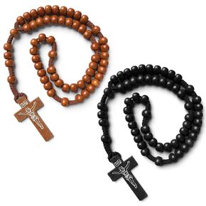 2Pcs Wooden Beads Rosary Necklace - Handmade Wooden Crosses Pendant Necklace Jesus Cross Necklace for Men Tan and Black Cross Necklace - Cross Necklaces for Women with Adjustable Necklace Chain
