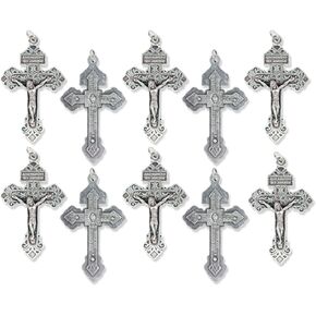 Pack of 10 - Pardon Crucifix Rosary Part Pope Saint Pius X - 2 1/8" Silver Oxidized Italian Catholic Crucifixes for Rosary Making Supplies, Made in Italy