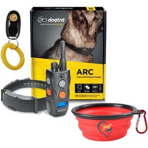 Dogtra ARC Dog Training Collar - 3/4 Mile Range, Waterproof, Rechargeable, Static, Vibration, Fits 15lbs & Up, Includes Free Essential Pet Products Training Clicker and Collapsible Food and Water Bowl