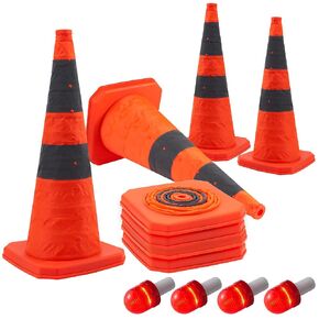 28 inch Collapsible Orange Traffic Cones with LED Light/Safety Cones/Multi Purpose Pop up Reflective Safety Cone,Driving Cones for Training,Parking Cones（4PACK)