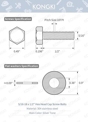 (10 مجموعات) 5/16-18x1/2 بوصة براغي سداسية من الفولاذ المقاوم للصدأ وصواميل غسالات مسطحة ومجموعات غسالات قفل، 304 فولاذ مقاوم للصدأ 18-8، قطر غسالات مسطحة 0.9 بوصة in Kuwait