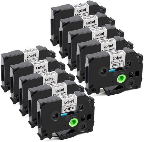 شريط ملصقات من Label KINGDOM مكون من 10 عبوات متوافق مع Brother P Touch TZe231 TZ-231، عبوات شريط ملصقات Tze Tz مغلفة 12 مم 0.47 بوصة لصانع ملصقات Brother PTouch PT-D210 PTD220 أسود على أبيض in Kuwait