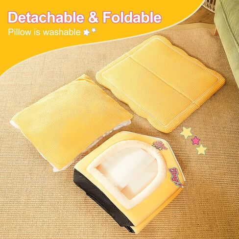 بيت الكلاب الصغير من Jiupety، بيت القطط الدافئ المغلق، سرير كهف ناعم للقطط، بيت الكلب الداخلي مع وسادة قابلة للإزالة وقابلة للغسل، بيت القطط اللطيف، عش نوم الحيوانات الأليفة، بيت الحيوانات الأليفة المريح للجرو والقطط، أصفر S in Kuwait