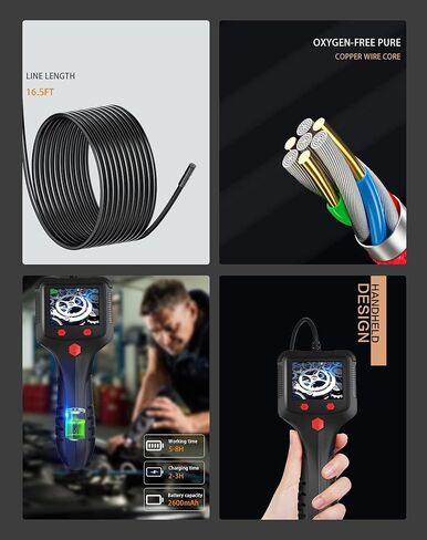 Unngeigei Endoscope Camera with Light, IP67 Waterproof Borescope Camera with 2.4'' Screen, 16.5FT Semi-Rigid Cable, Borescope Accessories Hook/Magnet/Mirror, Pipe Drain Sewer Snake Inspection Camera in Kuwait