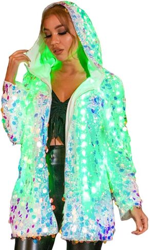 DRESBE Women's Light Up Sequin Jacket with Charging Cable Remote LED Long Hooded Coat Shiny Long Sleeve Zipper Blazer Coats for Party Club Concert (White) in Saudi Arabia