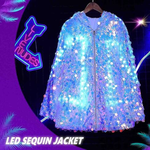 DRESBE Women's Light Up Sequin Jacket with Charging Cable Remote LED Long Hooded Coat Shiny Long Sleeve Zipper Blazer Coats for Party Club Concert (White) in Saudi Arabia