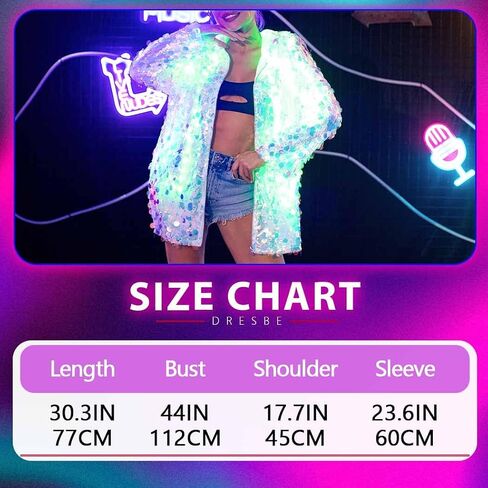 DRESBE Women's Light Up Sequin Jacket with Charging Cable Remote LED Long Hooded Coat Shiny Long Sleeve Zipper Blazer Coats for Party Club Concert (White) in Saudi Arabia