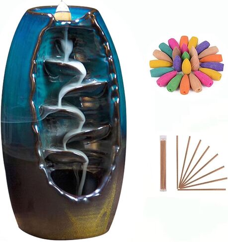 Backflow Incense Holder Ceramic Waterfall Incense Burner, MIATTCLD Aromatherapy Ornament Zen Home Decor with 60 Backflow Incense Cones & 30 Incense Stick for Office Living Room Spa Yoga in Kuwait