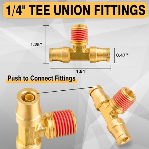 دفع نحاسي 1/4 بوصة لتوصيل التركيبات، أنبوب OD 1/4 بوصة × 1/4 بوصة NPT DOT Air Fittings Tee Union Air Brake Line Fittings موصل الفرامل لصناعة مقطورات الشاحنات أو نظام الهواء (3 قطع) in Kuwait