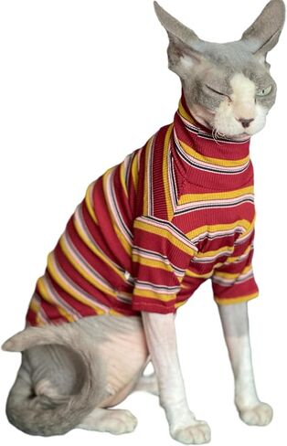 ملابس القطط bonaweite Sphynx، قمصان القطط للقطط فقط، ملابس القطط ذات الياقة المدورة للقطط الذكور الإناث، سترات القطط بدون شعر، تي شيرت مخطط بدون فرو لكورنيش ريكس، ديفون ريكس، بيتربالد in Kuwait