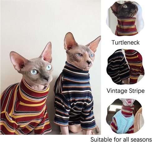 ملابس القطط bonaweite Sphynx، قمصان القطط للقطط فقط، ملابس القطط ذات الياقة المدورة للقطط الذكور الإناث، سترات القطط بدون شعر، تي شيرت مخطط بدون فرو لكورنيش ريكس، ديفون ريكس، بيتربالد in Kuwait