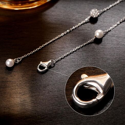 UTISUVIKO Pearl Necklace for Women, 925 Sterling Silver Pearl Drop Y shaped Necklace with Cubic Zirconia Crystal Ball Sparkle Necklace for Brides Adjustable Silver Wedding Necklace for Mother's Day Jewelry Gifts in Saudi Arabia