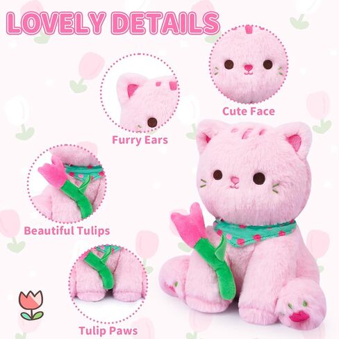 LSYDCARM Cat Plush Stuffed Animal, 8Inch Mothers Day Plush with Tulips, Soft Kawaii Cat Plushie Doll Mothers Day Stuffed Animal Birthday Baby Shower Home Decor in Saudi Arabia