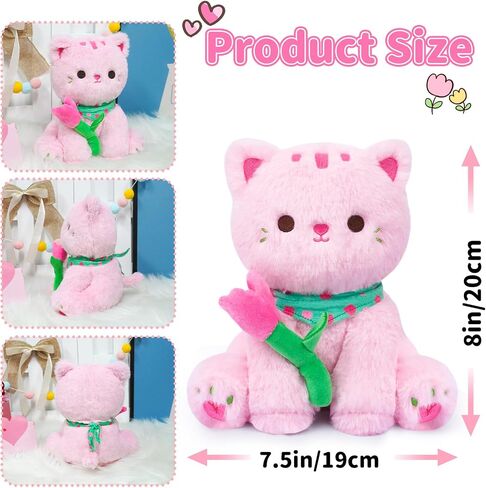 LSYDCARM Cat Plush Stuffed Animal, 8Inch Mothers Day Plush with Tulips, Soft Kawaii Cat Plushie Doll Mothers Day Stuffed Animal Birthday Baby Shower Home Decor in Saudi Arabia