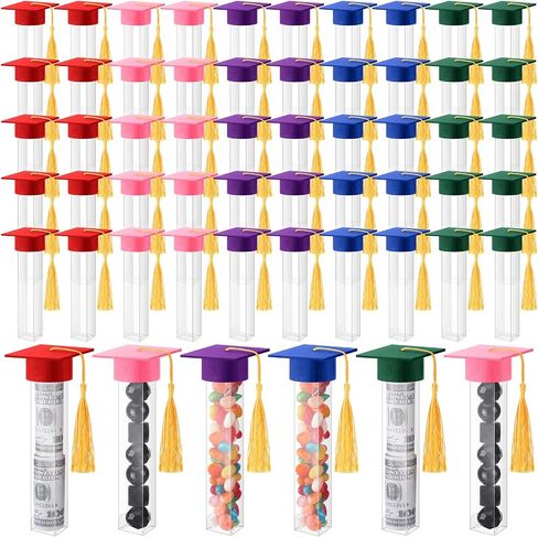 Wenqik 100 Pcs 2024 Graduation Gumball Tubes Graduation Party Favors for Guests Gifts, Include 50 Pcs Clear Mini Candy Containers 50 Pcs Mini Graduation Caps with Gold Tassels for Grad Party Supplies in Saudi Arabia