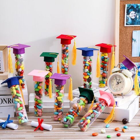 Wenqik 100 Pcs 2024 Graduation Gumball Tubes Graduation Party Favors for Guests Gifts, Include 50 Pcs Clear Mini Candy Containers 50 Pcs Mini Graduation Caps with Gold Tassels for Grad Party Supplies in Saudi Arabia