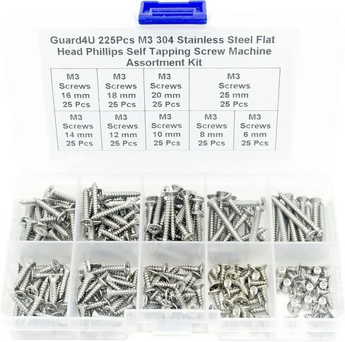 Guard4U 300Pcs M2 304 Stainless Steel Phillips Countersunk/Flat Head Self-Tapping Screws Assortment Kit- Wood Screws M2 x 4mm/ 6mm/ 8mm/ 10mm/ 12mm/ 14mm/ 16mm/ 18mm/ 20mm/ 25mm in Kuwait