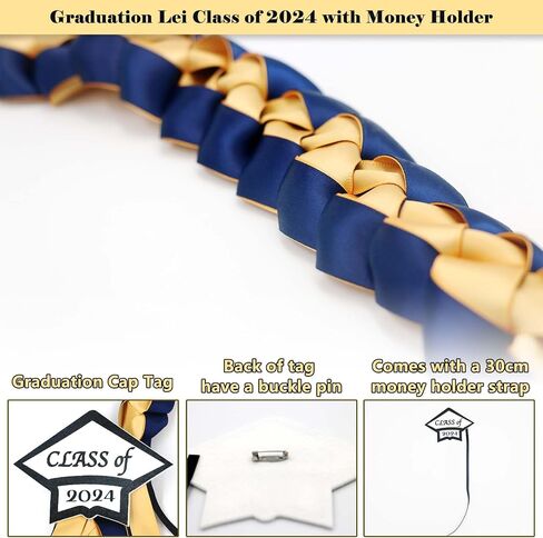 Omoomo Graduation Leis with Money Holder, Graduation Ribbon, Class of 2024 Graduation Cap Tag, High School College Graduation Decorations, Navy Blue & Gold in Saudi Arabia