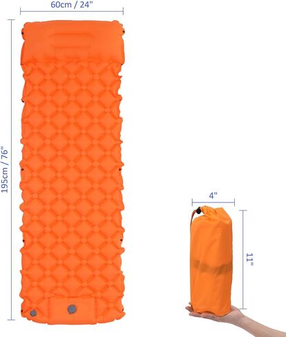 M METERXITY Sleeping Pad, Ultralight Self Inflatable Foldable Sleeping Mat, with Pillow Built-in Foot Pump, Apply to Camping Hiking (76 x 24, Orange) in Saudi Arabia