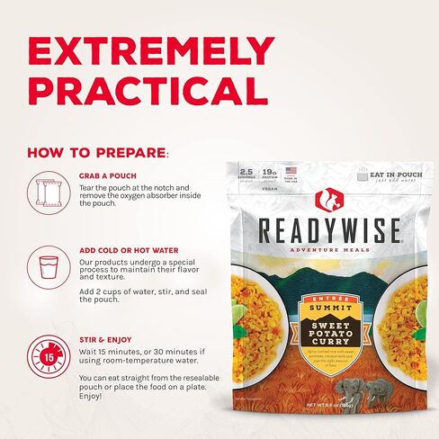 كاري البطاطا الحلوة من ReadyWise Summit (كيس واحد) أغذية للتخييم وحقائب الظهر مجففة بالتجميد، 2.5 حصة، نباتي، خالي من الغلوتين in Kuwait