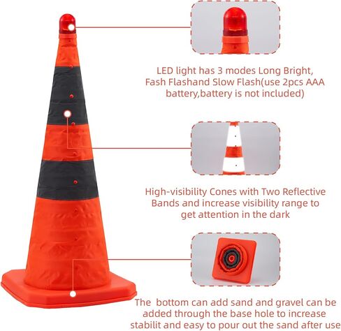 28 inch Collapsible Orange Traffic Cones with LED Light/Safety Cones/Multi Purpose Pop up Reflective Safety Cone,Driving Cones for Training,Parking Cones（4PACK) in Saudi Arabia