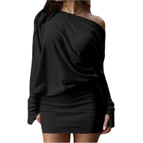 GORGLITTER Women's Off The Shoulder Sweater Mini Dress Long Sleeve Asymmetrical Neck Fall Skinny Short Dresses 2025 in Saudi Arabia