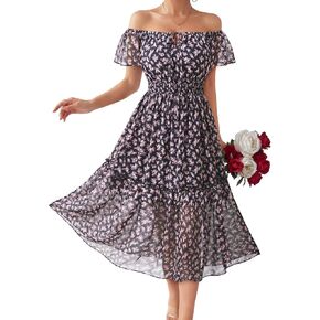 فستان Gaharu نسائي صيفي متوسط ​​الطول منقوش عليه زهور 2026 بأكمام رفرفة مكشكشة وخصر مكشوف لحفلات الزفاف للضيوف in Kuwait