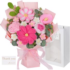 RICHMYC Crochet Flower Bouquet, Valentines Day Gifts for Her Mom 8.6in Pink Crochet Bouquet Knitted Flowers Roses Tulip Flower for Lover Anniversary Birthday Party Mother's Day Graduation in Saudi Arabia