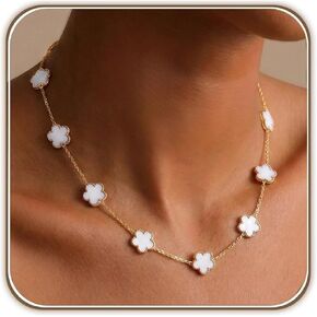 Billet-doux 18k Gold Plated 10-Motif Clovers Necklace for Women, Exquisite 5-leaf Flower Motif Clovers with Classic Beaded Edge on a Link Chain, Adjustable Size, Timeless Jewelry Gifts for Her in Saudi Arabia