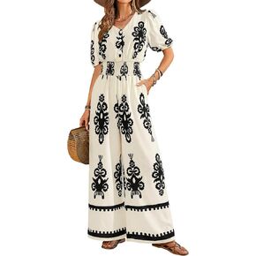 Womens Jumpsuits Short Sleeve V Neck Dressy Casual Wide Leg Pants Romper 2025 Summer One Piece Outfits in Kuwait
