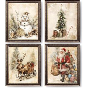 XUXUNLURY Vintage Christmas Wall Art Prints Unframed Set of 4, Neutral Christmas Wall Decor, Nostalgic Santa Reindeer Snowman Xmas Tree Winter Artwork Pictures for Home Living Room Bedroom, 8x10 in Saudi Arabia
