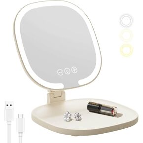 Lumicll Rechargeable LED Travel Makeup Mirror, 3-Color Lighting, Dimmable Touch Screen, Multi Angle Adjustable, Foldable and Portable Desktop Vanity Mirror with Storage Tray (Creamy) in Saudi Arabia