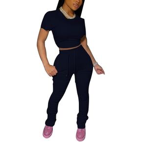 PINSV Women's 2 Piece Outfits Bodycon Lounge Wear Crop Top Stacked Pants Going Out Jogging Tracksuit Sets in Kuwait