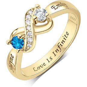 BAUMA AUTO 925 خاتم أمهات إنفينيتي من الفضة الإسترليني مخصص مع 2 جوهرة ميلاد مستديرة اسم مخصص خواتم محفورة لحفلات الزفاف / عيد الحب / هدايا عيد الأم in Kuwait