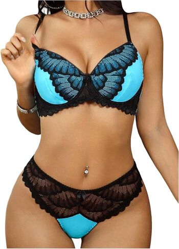 OYOANGLE Women's Butterfly Lace Lingerie Set 2 Piece Sexy Underwire Push Up Bra and Hipster Panty Sets in Saudi Arabia
