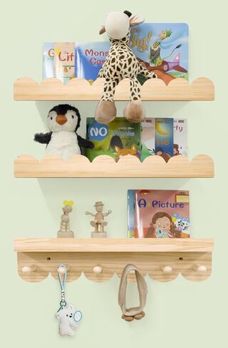 Floating Nursery Book Shelves with Hooks-20Inches Scalloped Shelves for Bedroom Kids Set of 3, Nursery Bookshelf for Kids Room Decor, Natural in Saudi Arabia