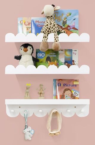 Floating Nursery Book Shelves with Hooks-20Inches Scalloped Shelves for Bedroom Kids Set of 3, Nursery Bookshelf for Kids Room Decor, Natural in Saudi Arabia