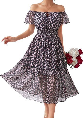 فستان Gaharu نسائي صيفي متوسط ​​الطول منقوش عليه زهور 2026 بأكمام رفرفة مكشكشة وخصر مكشوف لحفلات الزفاف للضيوف in Kuwait