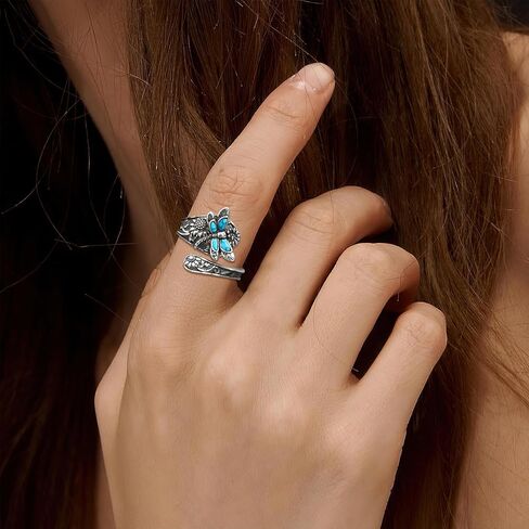 Vintage Silver Turquoise Rings for Women Adjustable Dragonfly Spoon Ring Victorian Style Boho Antique Thumb Ring Statement Anniversary Birthday Jewelry Gifts for Women Wife Mom Her in Saudi Arabia