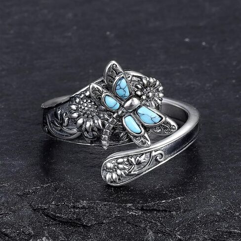 Vintage Silver Turquoise Rings for Women Adjustable Dragonfly Spoon Ring Victorian Style Boho Antique Thumb Ring Statement Anniversary Birthday Jewelry Gifts for Women Wife Mom Her in Saudi Arabia
