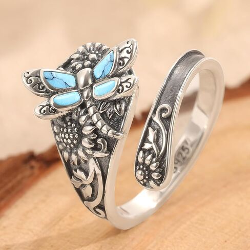 Vintage Silver Turquoise Rings for Women Adjustable Dragonfly Spoon Ring Victorian Style Boho Antique Thumb Ring Statement Anniversary Birthday Jewelry Gifts for Women Wife Mom Her in Saudi Arabia